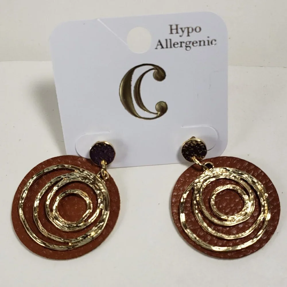 Stylish Gold Spiral Hoop & Brown Leather Drop Stud Earrings 4 Fashionable Women